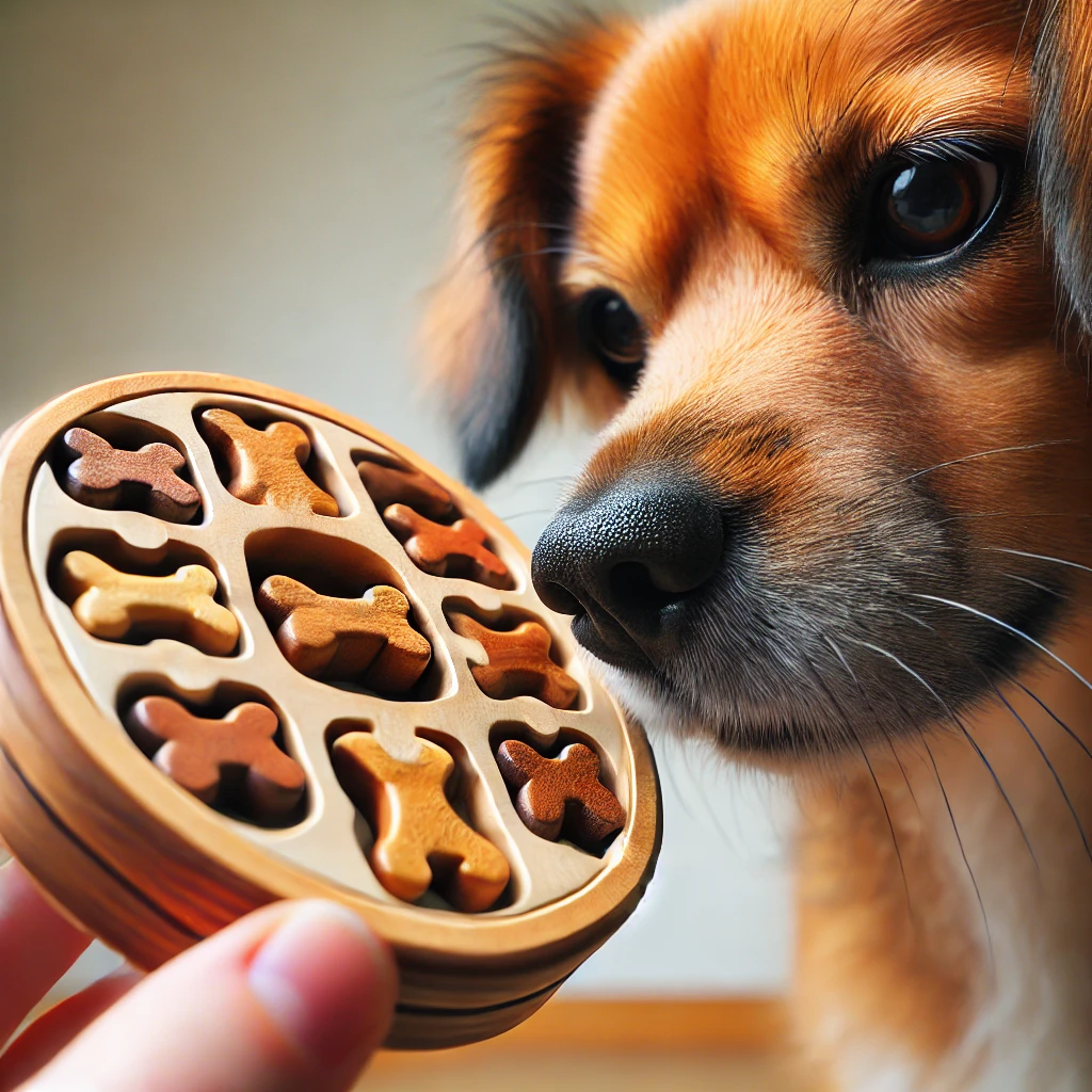 Large dog focused on a puzzle toy, the typical interactive toy that engages cognition but leaves prey drive untouched
