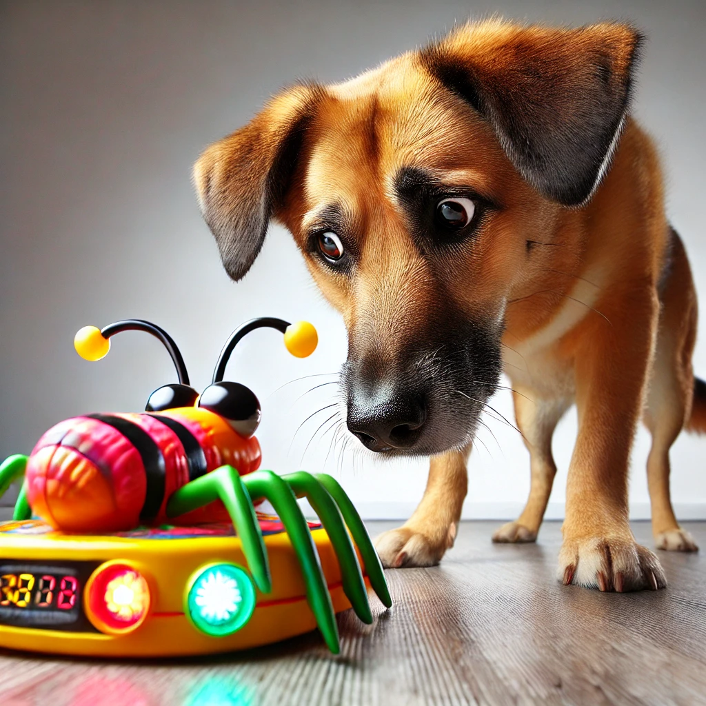 Dog cautiously interacting with an electronic toy that lights up and makes sounds, an example of distraction-based toys that don't fulfill prey drive