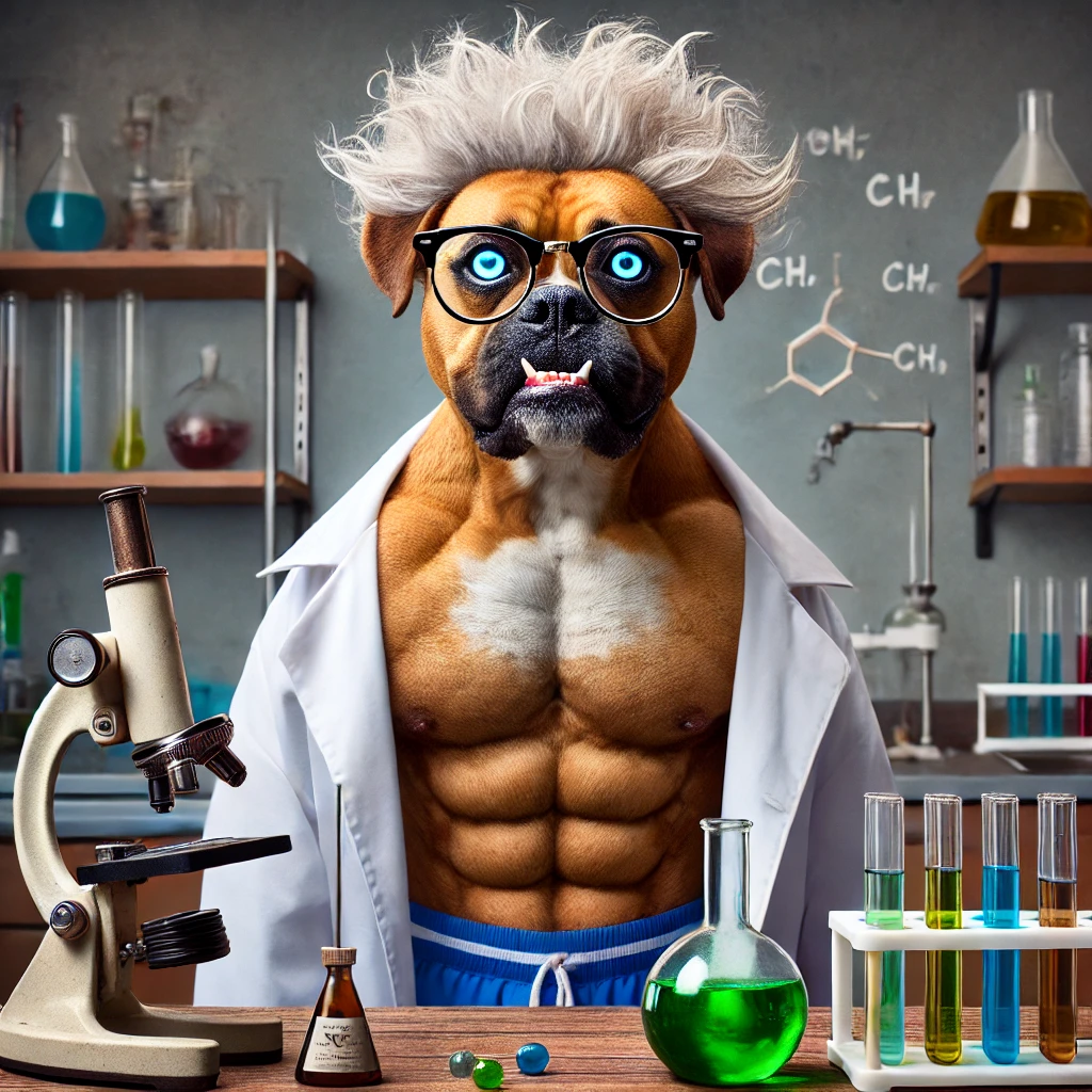 Playful image of a genius dog scientist working on complex equations, representing the importance of mental stimulation for dogs. This dog is a playful genius, embodying the benefits of interactive toys that challenge and engage a dog's mind.