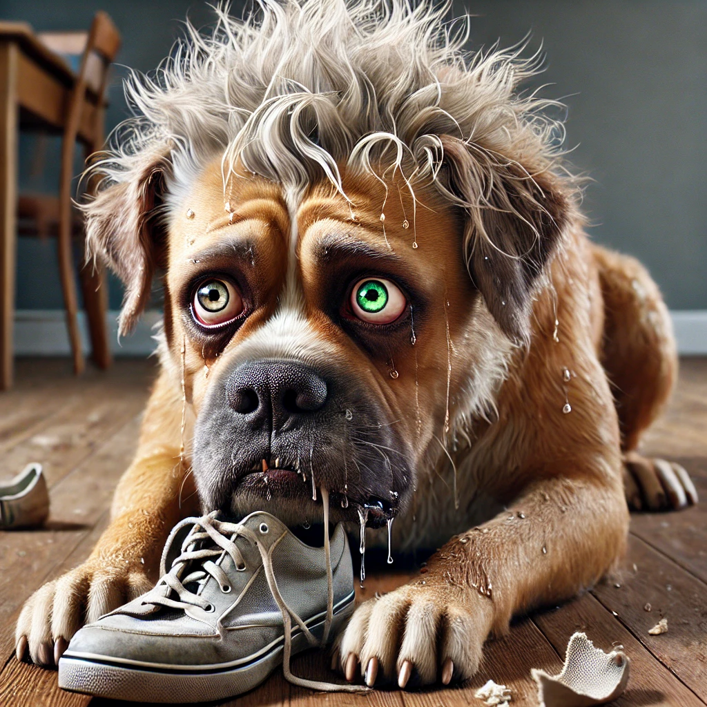 Max the Whimsy Dog being nervous, due to lack of exercise with Whimsy Stick, the ultimate interactive toy, flirt pole, for dogs.