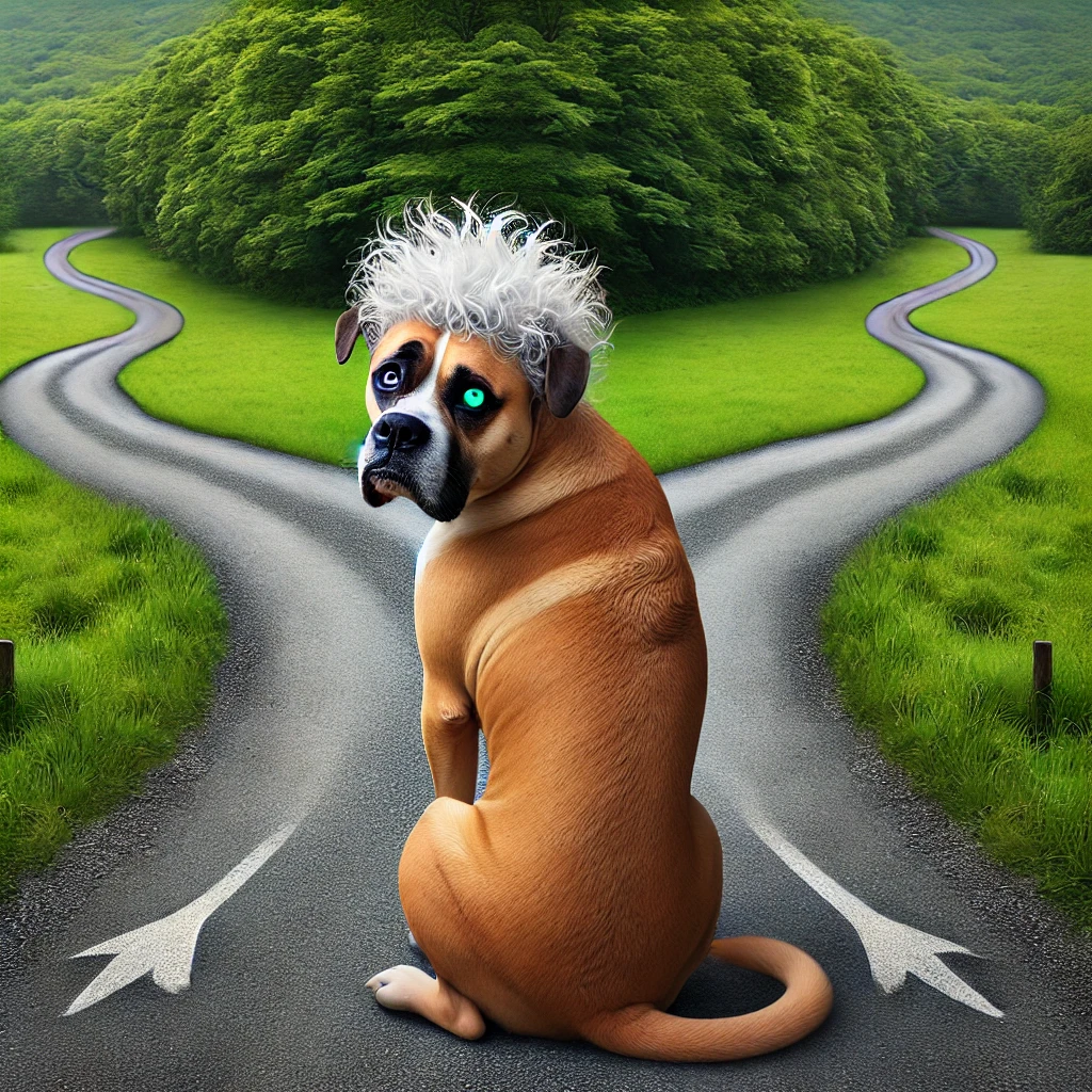 Max the Whimsy Dog sits at a fork in the road, symbolizing the variety of interactive dog toys available, contemplating which route to take.