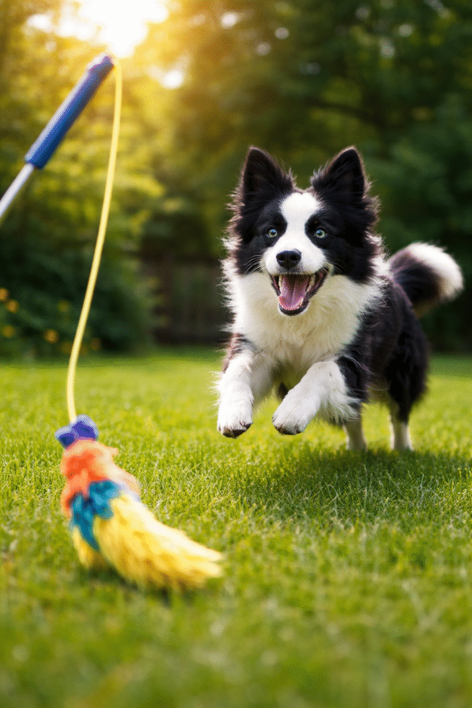 Border Collie leaping to chase a flirt pole toy during outdoor exercise — perfect high energy play and training for working herding dogs