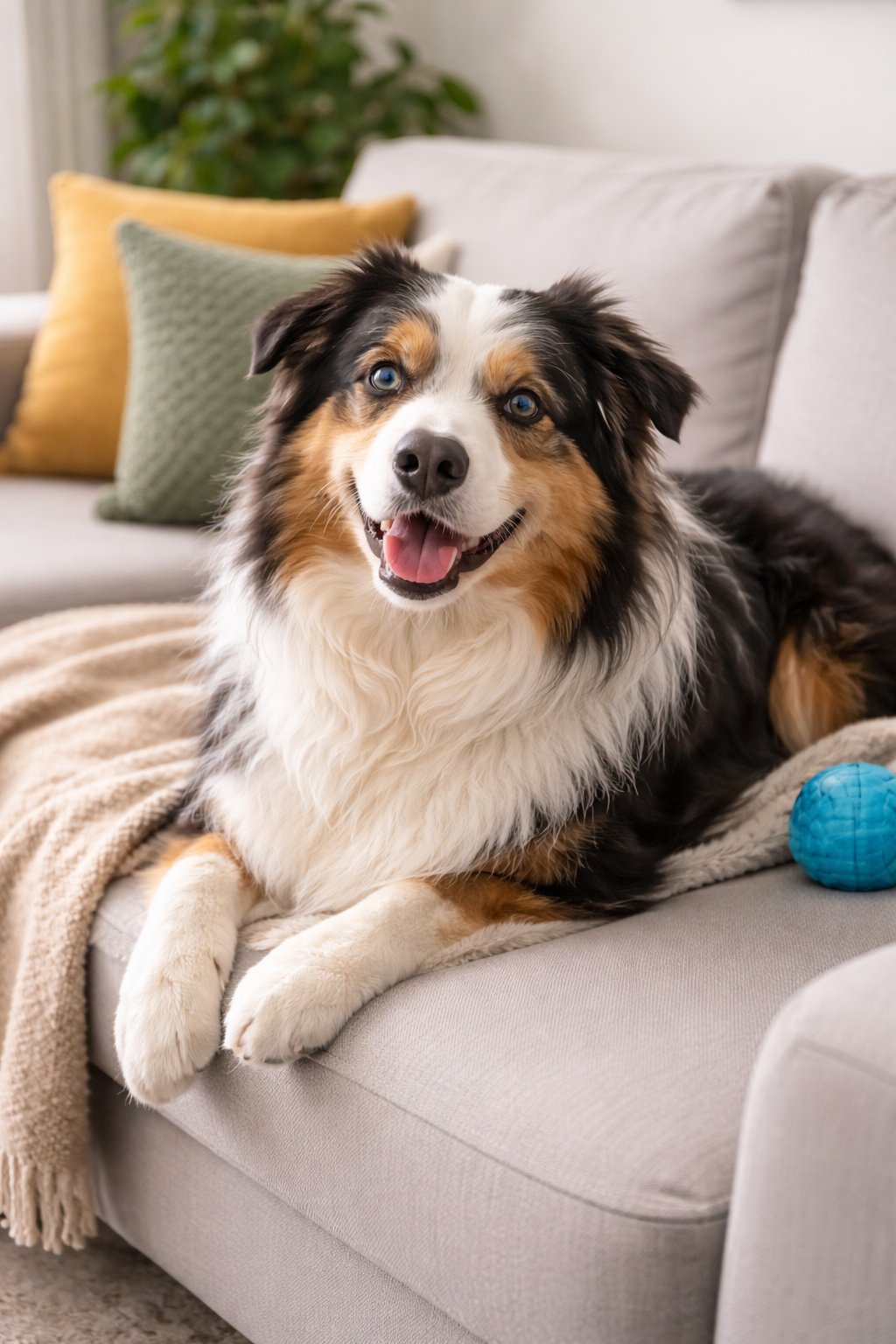Dog still hyper after walks sitting restlessly on couch