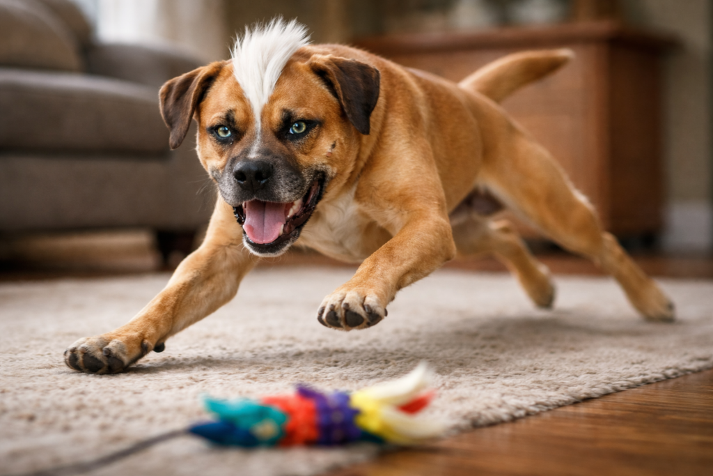 Max the Whimsy Dog a Boxer Lab mix with a white comb over mohawk and mismatched blue and green eyes sprinting indoors while chasing a lure from an interactive dog exercise toy during playtime