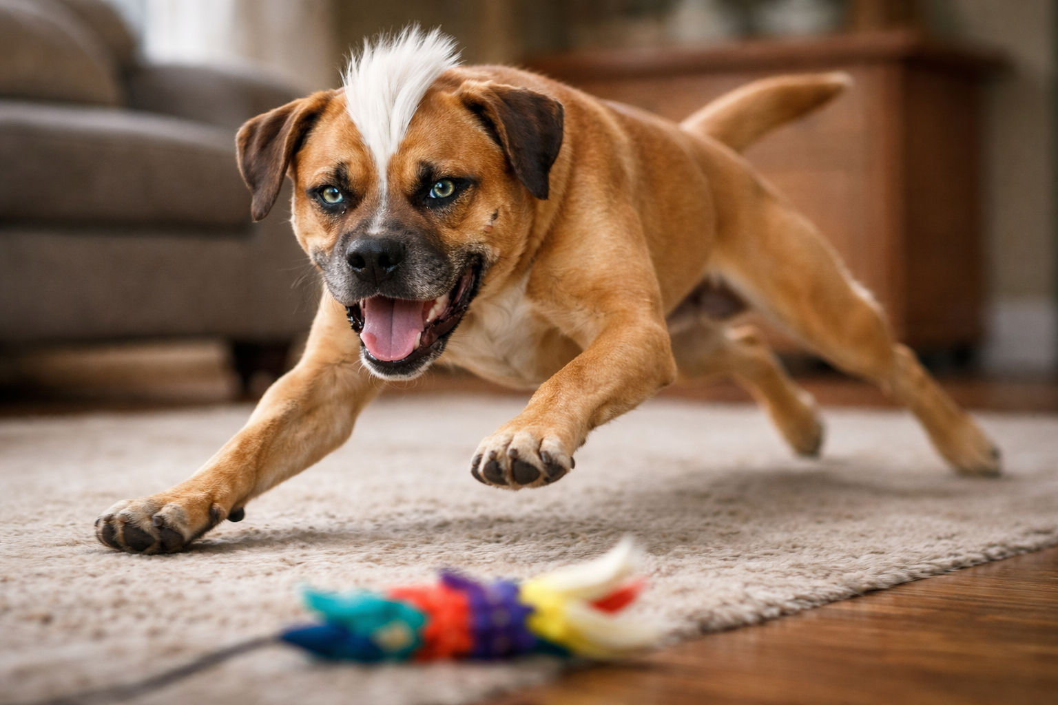 Max the Whimsy Dog a Boxer Lab mix with a white comb over mohawk and mismatched blue and green eyes sprinting indoors while chasing a lure from an interactive dog exercise toy during playtime