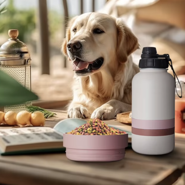 Whimsy Stick 32oz Dog Travel Water Bottle — Stainless Steel, Integrated Bowl, BPA-Free