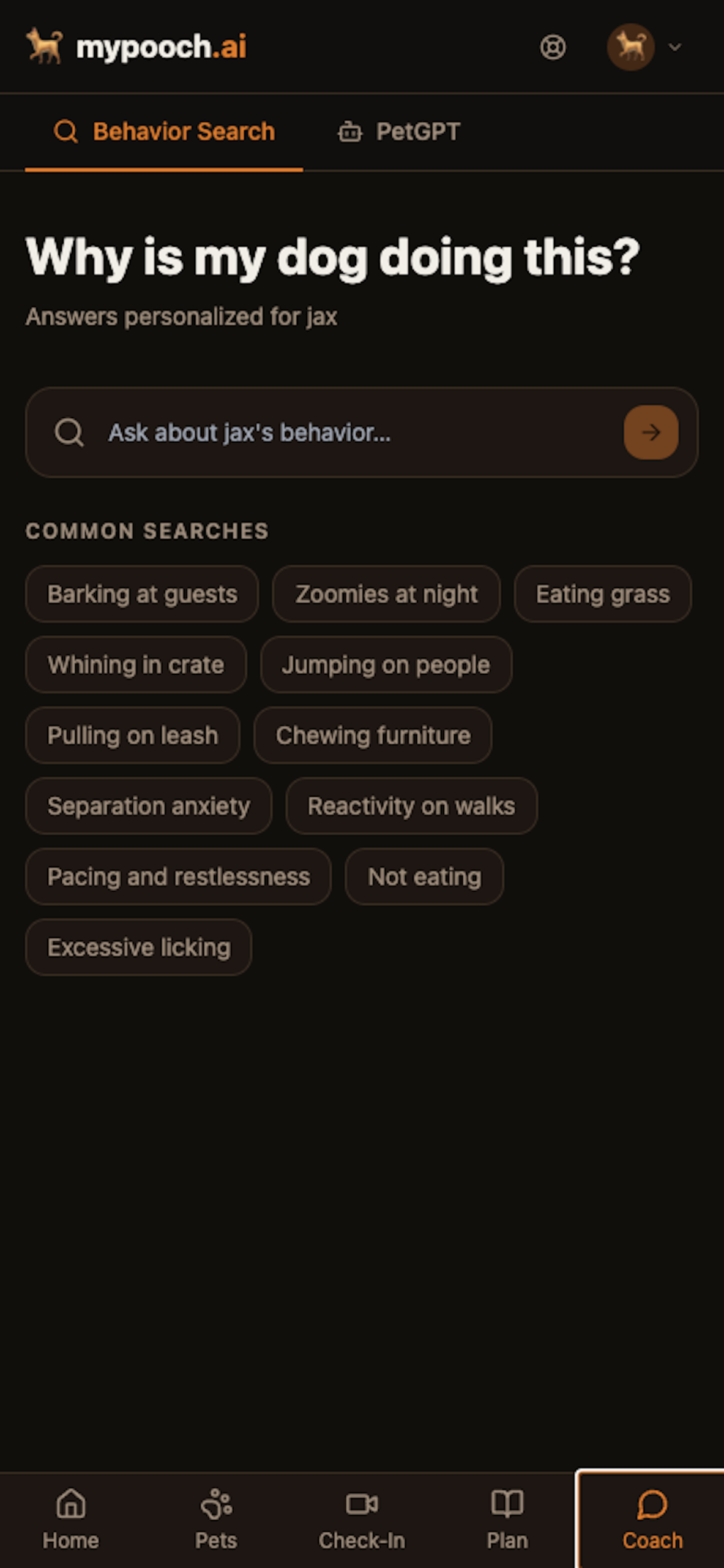 mypooch.ai Behavior Search screen titled Why is my dog doing this