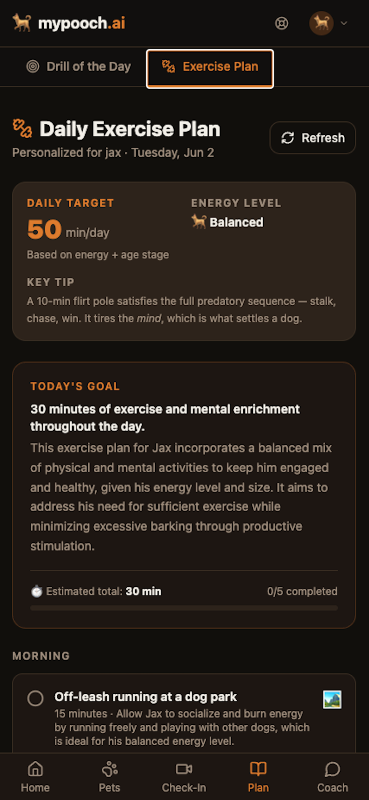 mypooch.ai Daily Exercise Plan screen with a personalized plan for the dog