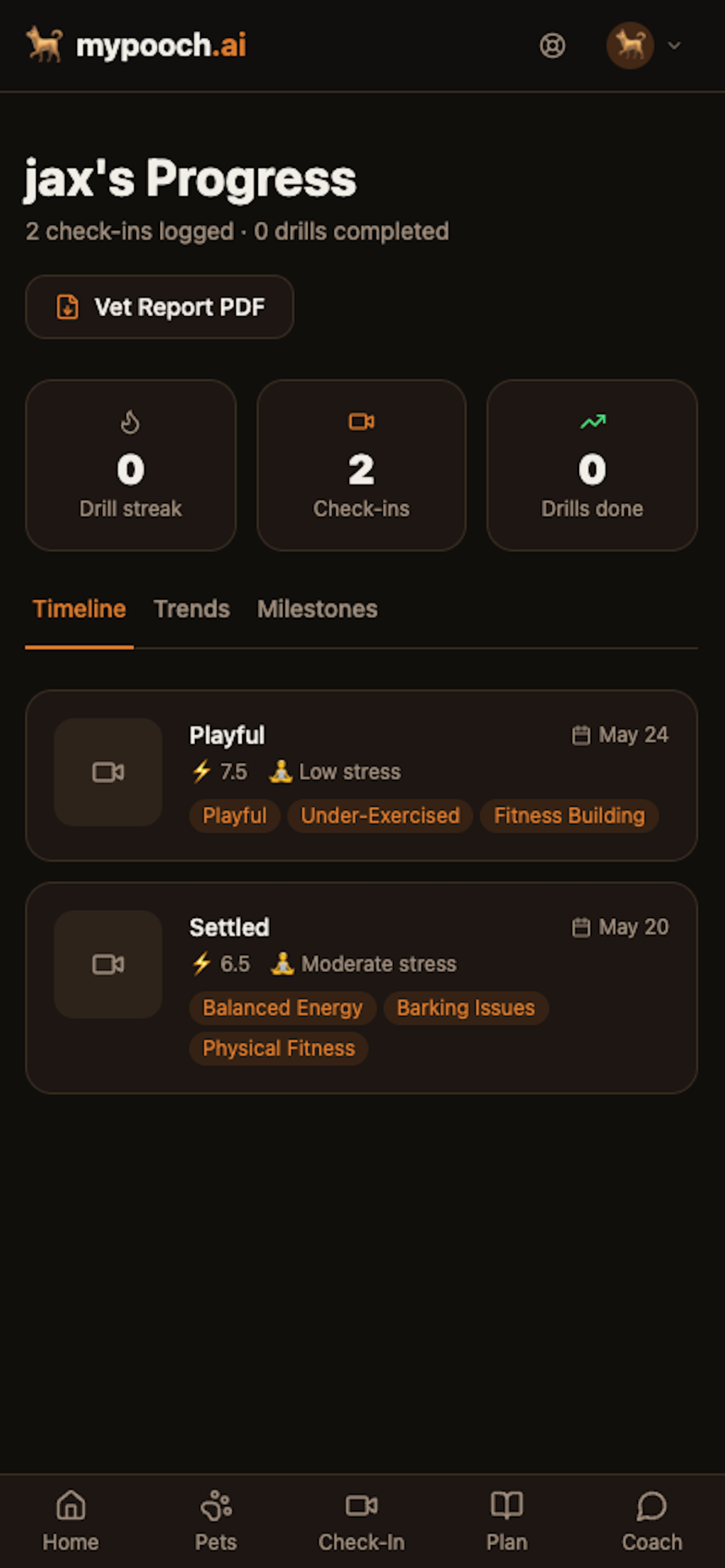mypooch.ai Progress screen showing logged check-ins on a timeline
