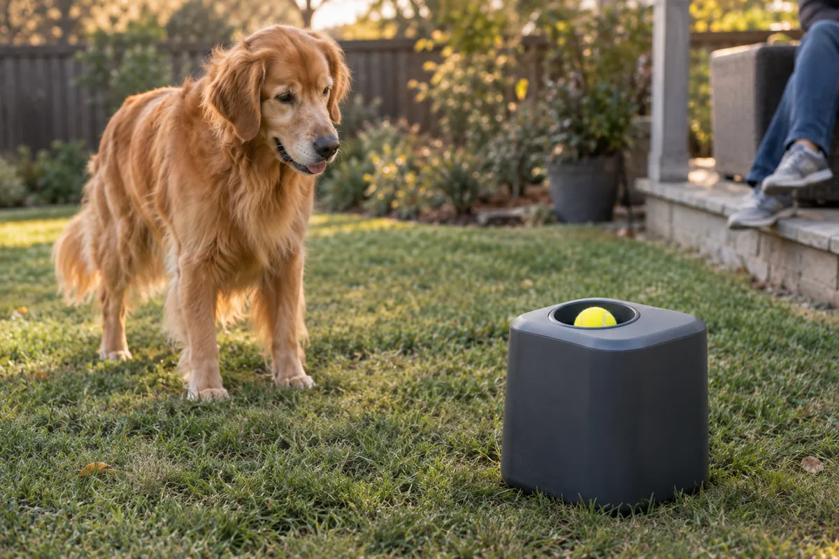 Golden Retriever standing on backyard grass near a gray automatic ball launcher holding a tennis ball
