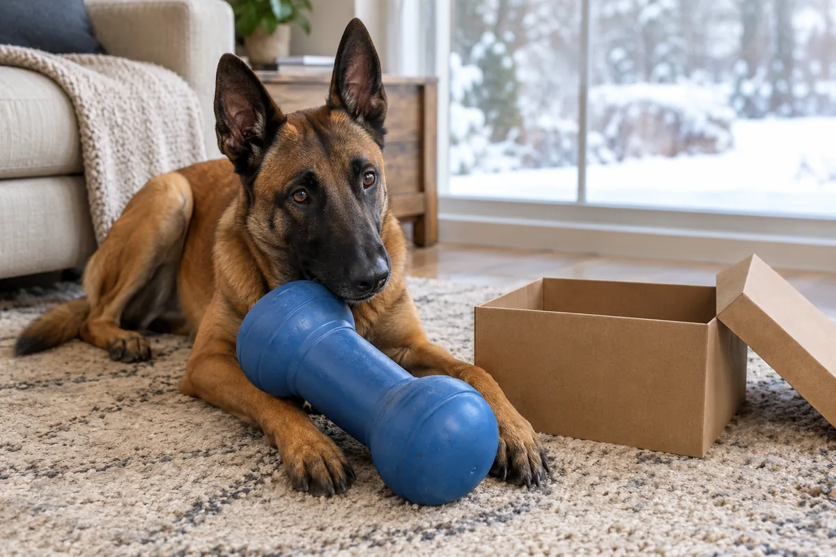 Belgian Malinois lying on a living room rug with a large blue rubber chew toy next to an empty cardboard gift box