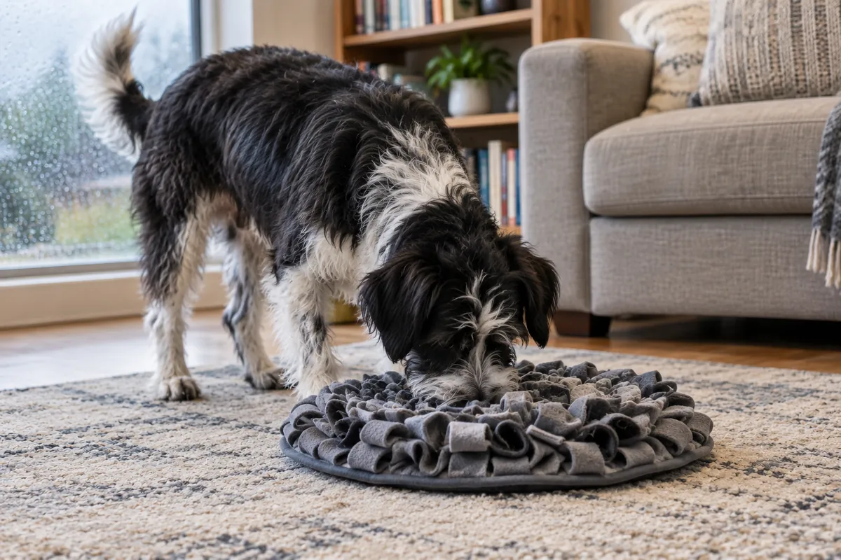 Black and white shaggy dog sniffing a gray fleece snuffle mat on a living room rug