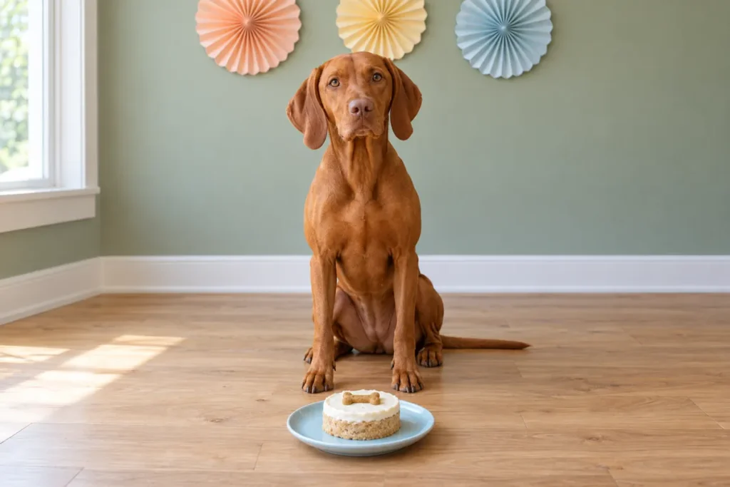 Vizsla sitting on a wood floor behind a small white-topped cake with a bone-shaped biscuit, with paper fan decorations on the wall