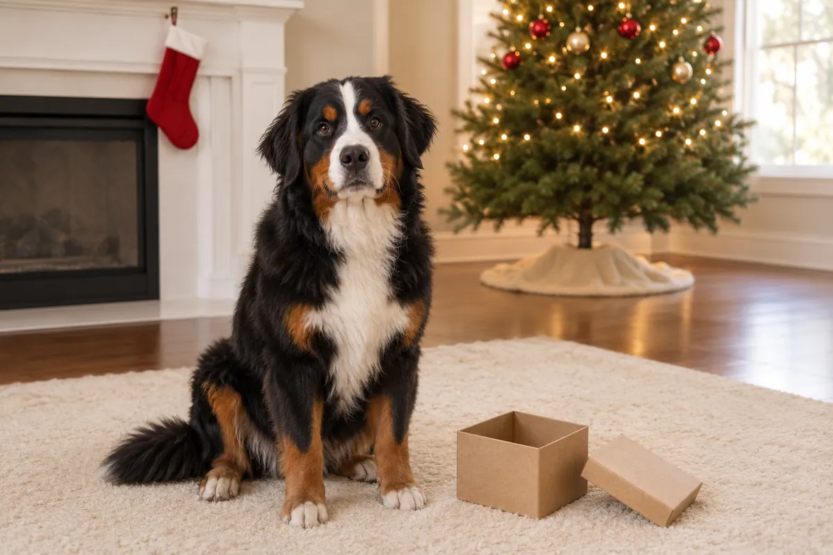 Bernese Mountain Dog sitting on a cream rug beside an empty cardboard gift box, with a red stocking on the mantel and a lit Christmas tree behind