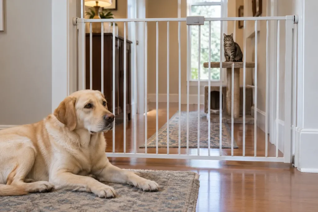 Yellow Labrador lying on a rug in front of a closed white pet gate, with a tabby cat sitting on a cat tree on the other side