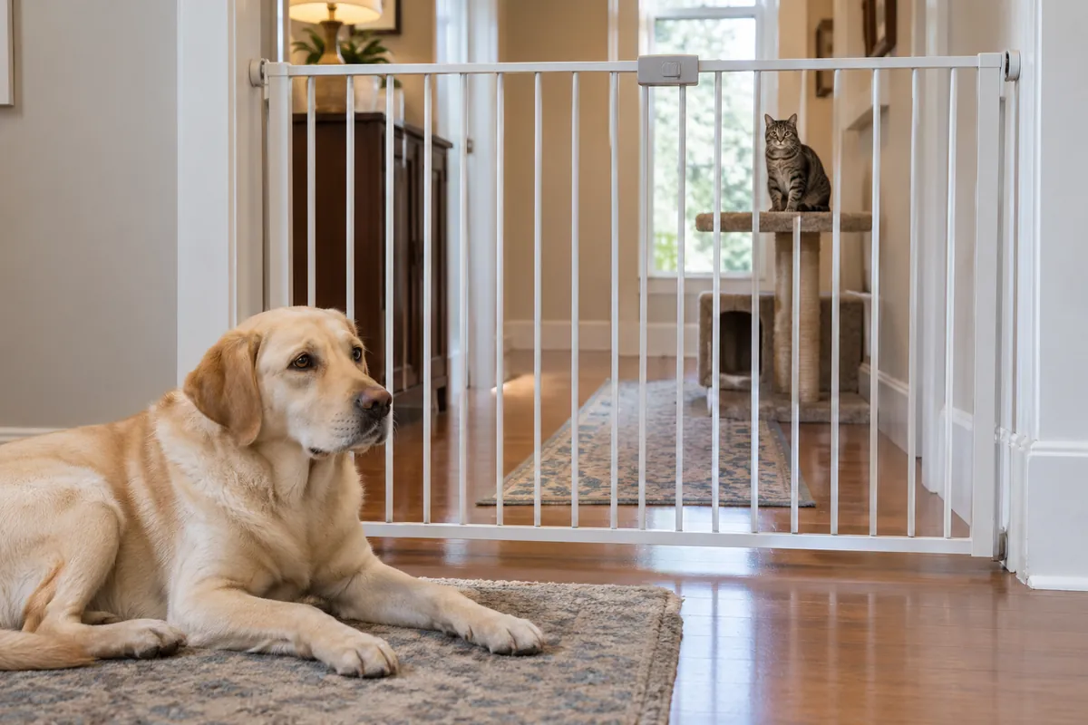 Yellow Labrador lying on a rug in front of a closed white pet gate, with a tabby cat sitting on a cat tree on the other side