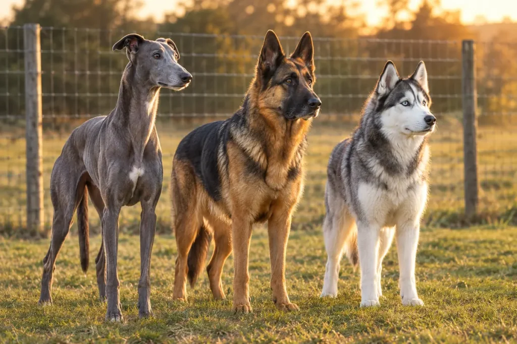 Greyhound, German Shepherd and Siberian Husky standing side by side in a fenced field