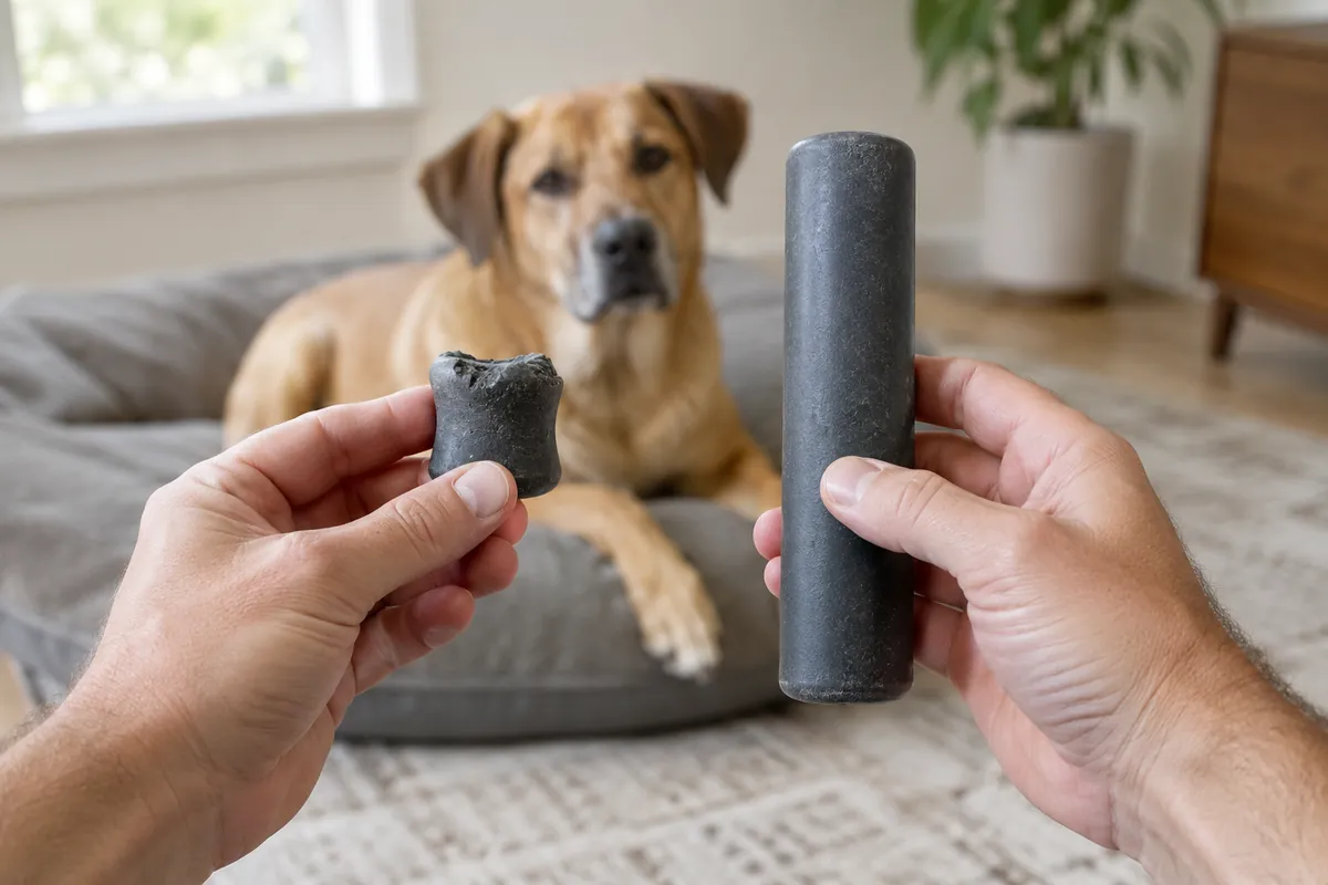 Hands holding a chewed-down rubber nub next to a large intact rubber chew, with a tan dog lying on a dog bed behind