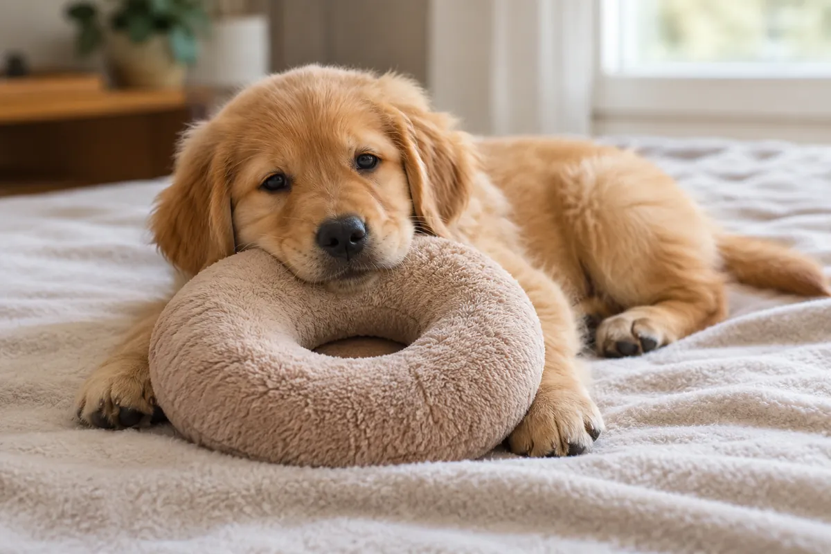 Golden Retriever puppy lying on a soft blanket with its chin resting on a plush ring toy