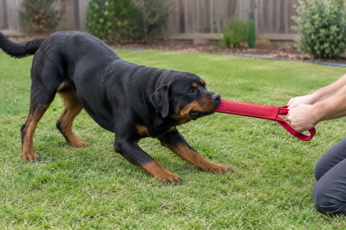 Rottweiler on backyard grass pulling a red fabric tug toy held low by a kneeling person
